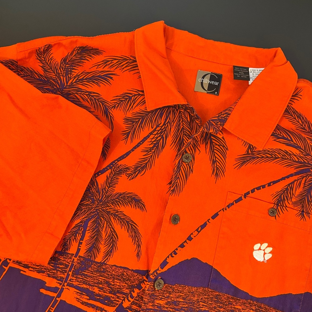 Chiliwear Mens Orange Purple Palm Tree Hibiscus Hawaiian Button‎ Up Shirt XXL